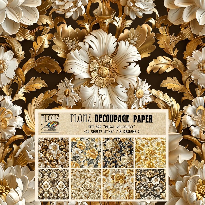 Decoupage Paper Pack (24 Sheets 6"x6") Regal Rococo: Lavish Floral Designs in Gold and Ivory for Elegant and Timeless Aesthetics # Vintage Styled Paper for Craft and Scrapbooking